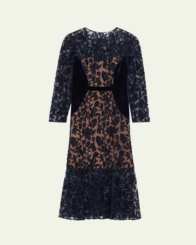 Cutwork Velvet & Tulle Midi Dress